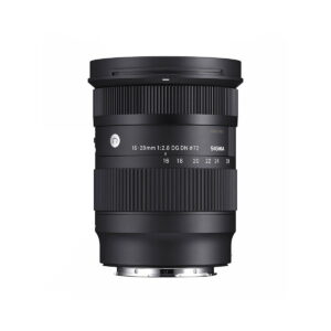 Sigma-16-28mm-f2.8-DG-DN-C-2 The Sigma 16-28mm f/2.8 DG DN DN Contemporary lens (Sony E), black, stands upright against a white background, with its focus ring and zoom ring, lens markings and label information visible.