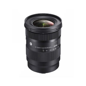 Sigma-16-28mm-f2.8-DG-DN-C A Sigma 16-28mm f/2.8 DG DN Contemporary lens, Sony E, black, with grooved control rings and white focal length and aperture markings, stands upright against a white background.