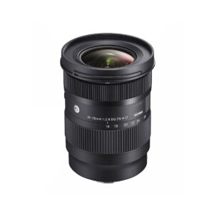 Sigma-16-28mm-f2.8-DG-DN-C A Sigma 16-28mm f/2.8 DG DN Contemporary lens, Sony E, black, with grooved control rings and white focal length and aperture markings, stands upright against a white background.