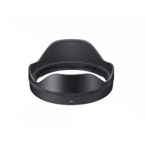 Sigma-16-28mm-f2.8-DG-DN-C-4 Sigma 16-28mm f/2.8 DG DN DN Contemporary has a black petal-shaped hood with grooved interior for the Sony E, seen from the front against a white background.