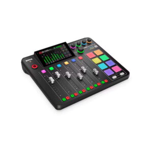 rodecaster_pro_ii_01 The Rode Rodecaster Pro II USB sound card is a black sound mixer with sliders, colourful buttons, a rotary knob, labelled pads and a small display showing sound levels on a white background.
