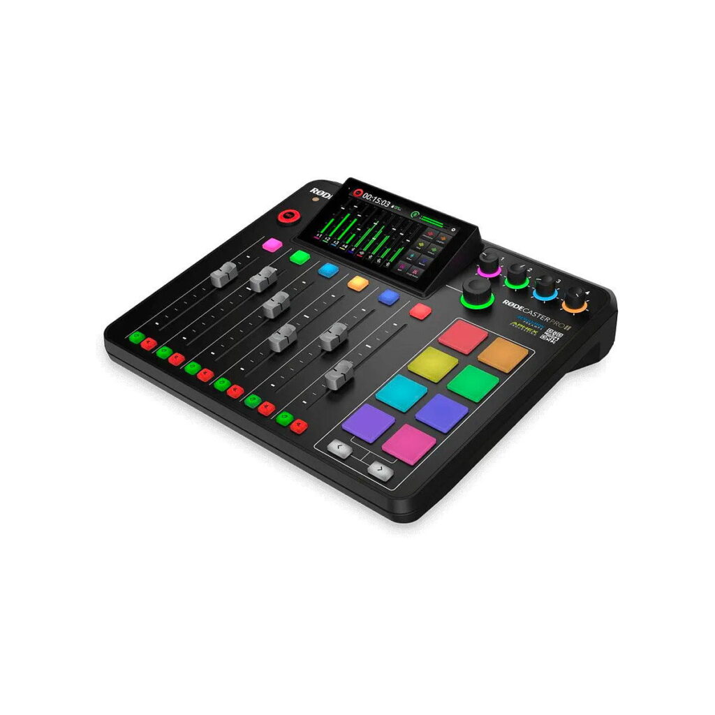 rodecaster_pro_ii_02 The Rode Rodecaster Pro II USB sound card is a black sound mixer with colourful buttons, sliders, knobs and a central touchscreen that displays audio levels, ideal for podcasting or live sound mixing. It is pictured on a white background.