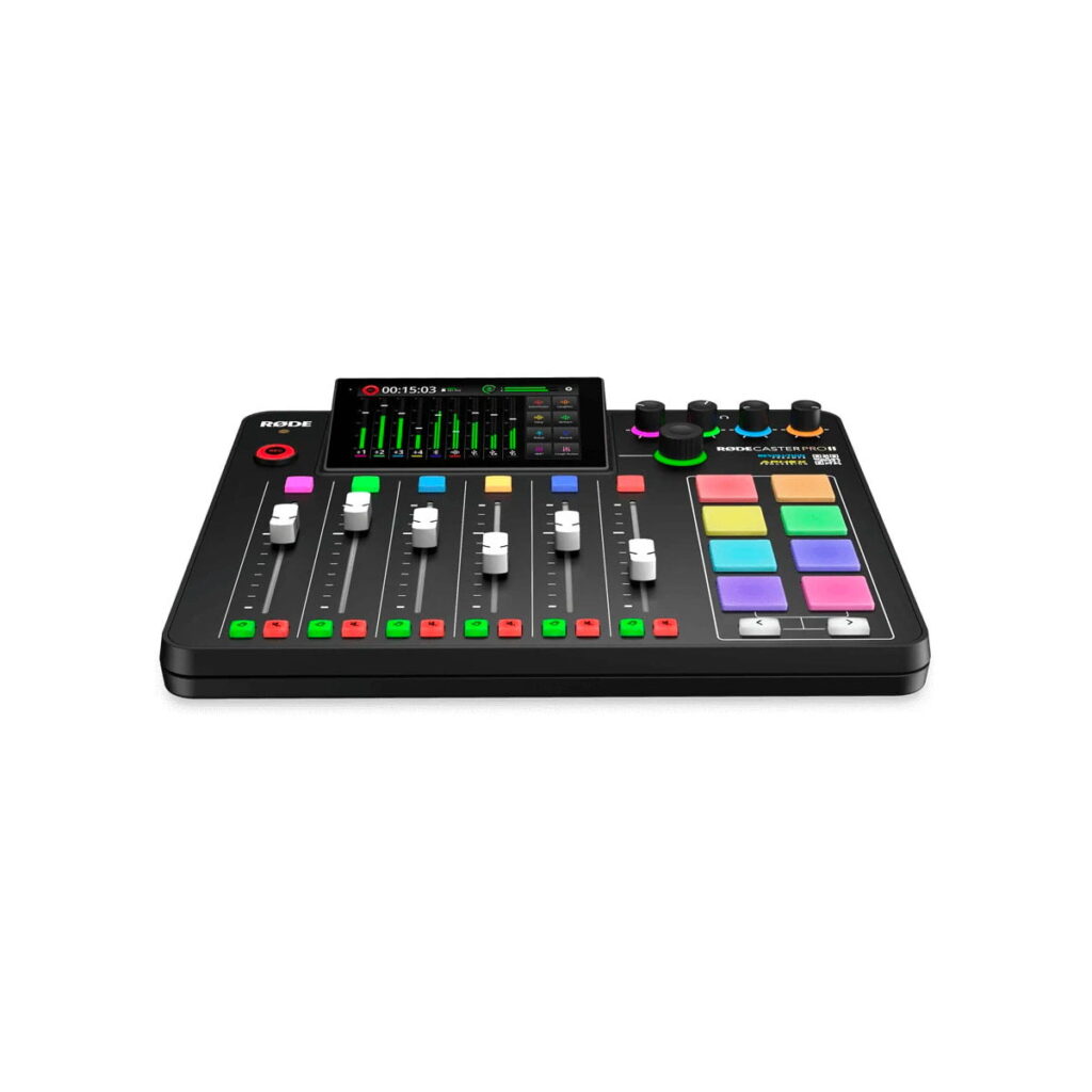 rodecaster_pro_ii_03 The Rode Rodecaster Pro II USB sound card is a black sound mixer console with faders, coloured pads, control knobs and a digital display on a white background.