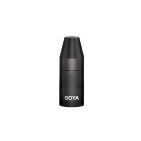 Pienikokoinen, sylinterimäinen musta Boya 35C-XLR 3,5 mm:n ja XLR-mikrofonisovitin, jossa on valkoisella painettu "BOYA" lähellä pohjaa, kuvassa valkoista taustaa vasten.