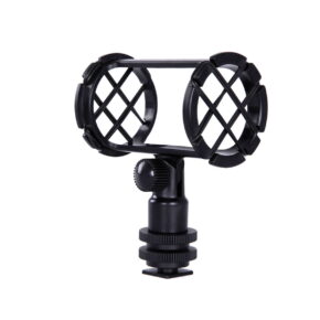 Boya-BY-C04 The Boya BY-C04 Universal Microphone Stand is a black shock mount for microphones, featuring a cylindrical body, criss-cross straps and an adjustable base with a threaded knob.