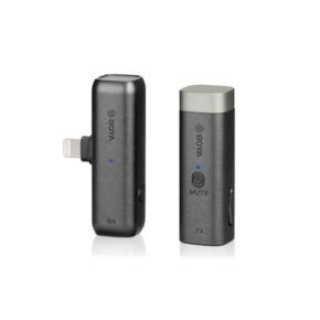 Boya-BY-WM3D Two compact black Boya BY-WM3D wireless Lightning microphones are side by side on a white background; one has a Lightning connector, the other a mute button.