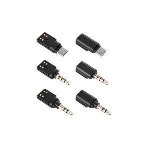 Boya-BY-WM3U-2 The six compact black Boya BY-WM3U wireless USB-C microphones are arranged in two columns; three have 3.5mm audio jacks and three have USB-C connectors, all with gold contacts at one end, and all appear on a white background.