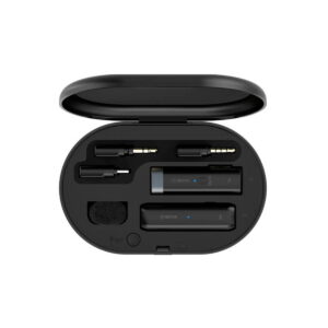 Boya-BY-WM3U-3 The Boya BY-WM3U Wireless USB-C Microphone Kit contains two black wireless microphones, cables and accessories neatly organized in an open oval charging case.