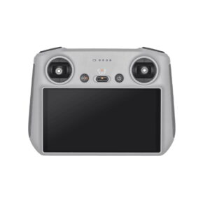 DJI-RC DJI RC Smart Controller -ohjain -ohjain, joka näkyy ylhäältä valkoisella pohjalla, on harmaa kädessä pidettävä malli, jossa on kaksi ohjaussauvaa, suuri suorakulmainen näyttö, painikkeet ja merkkivalot.