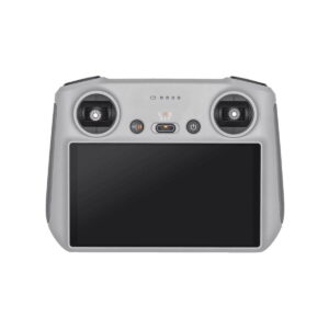DJI RC Smart Controller -ohjain -ohjain, joka näkyy ylhäältä valkoisella pohjalla, on harmaa kädessä pidettävä malli, jossa on kaksi ohjaussauvaa, suuri suorakulmainen näyttö, painikkeet ja merkkivalot.