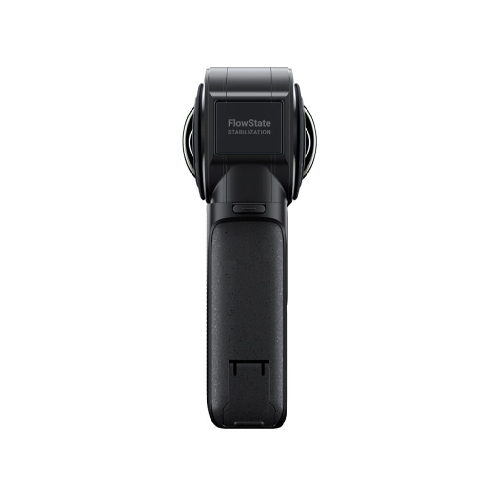 Insta360-One-RS-1-inch-360-edition-2 Insta360 One RS 1" 360 Edition, musta käsikamera, jossa on kaksi linssiä ja FlowState Stabilization -brändi, näkyy edestä valkoista taustaa vasten.