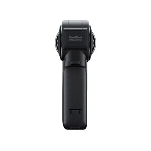 Insta360-One-RS-1-inch-360-edition-2 Insta360 One RS 1" 360 Edition, musta käsikamera, jossa on kaksi linssiä ja FlowState Stabilization -brändi, näkyy edestä valkoista taustaa vasten.