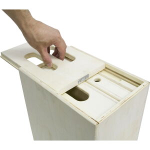 Kupo-4-1-nesting-apple-box-set-2 A hand lifts the sliding lid of the Kupo KAB-41K 4-1 Nesting Apple Box Set with oval cut-outs to reveal several compartments.
