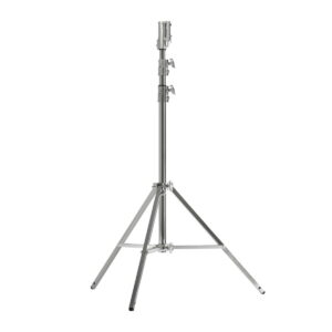 Kupo-542M The Kupo 542M Master Cine Stand is a sturdy, silver-coloured metal tripod stand with three pull-out sections and locking knobs, standing upright on three angled legs against a white background.