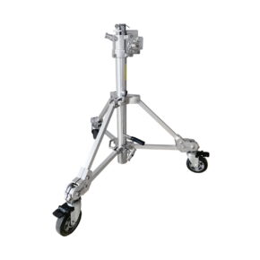 Kupo-Jumbo-Stand-721 The Kupo Jumbo Stand 2-piece stand is a silver metal tripod with three lockable castors and adjustable height, designed to support lighting fixtures or equipment in studio or film productions.