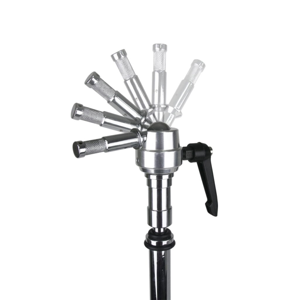 Kupo-KCP-410-3 The KCP-410 5/8" Swivel Super Grip Finger is presented in chrome with the handle in several positions to showcase the adjustable angles. A black tension lever is attached to the side.