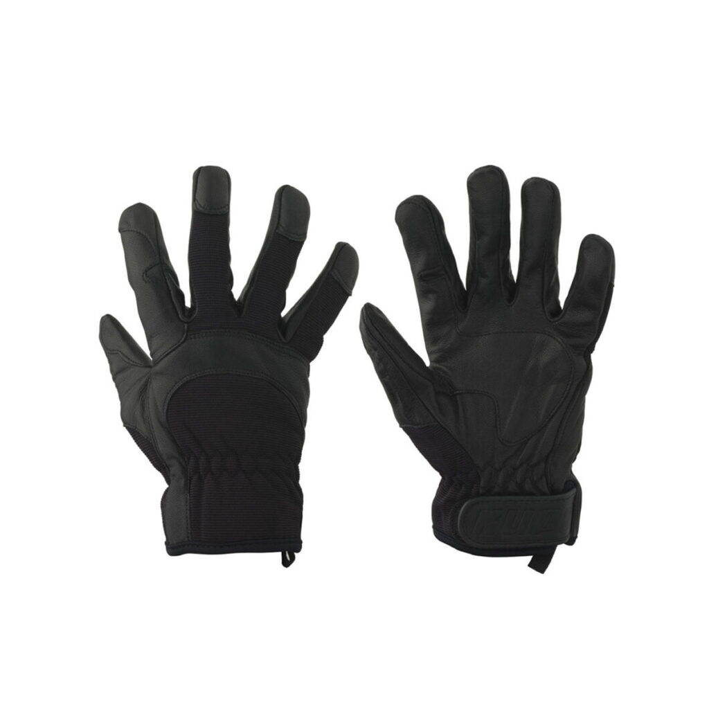 Kupo-KH-55MB Kupo KH-55MB Ku-Hand Grip Gloves Goatskin - Medium ovat mustat, pehmustetut käsineet, joissa on sormet, vahvistetut kämmenet ja säädettävät rannelenkit, kuvassa toinen kämmen ylöspäin ja toinen kämmen alaspäin.