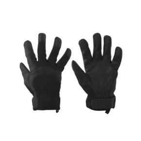 Kupo-KH-55MB Kupo KH-55MB Ku-Hand Grip Gloves Goatskin - Medium ovat mustat, pehmustetut käsineet, joissa on sormet, vahvistetut kämmenet ja säädettävät rannelenkit, kuvassa toinen kämmen ylöspäin ja toinen kämmen alaspäin.
