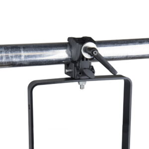 Kupo-KS-005-2 Kupo KS-005 M10 x 25 pin attaches a rectangular frame to a horizontal metal tube, which is held in place by a lever and screw mechanism.