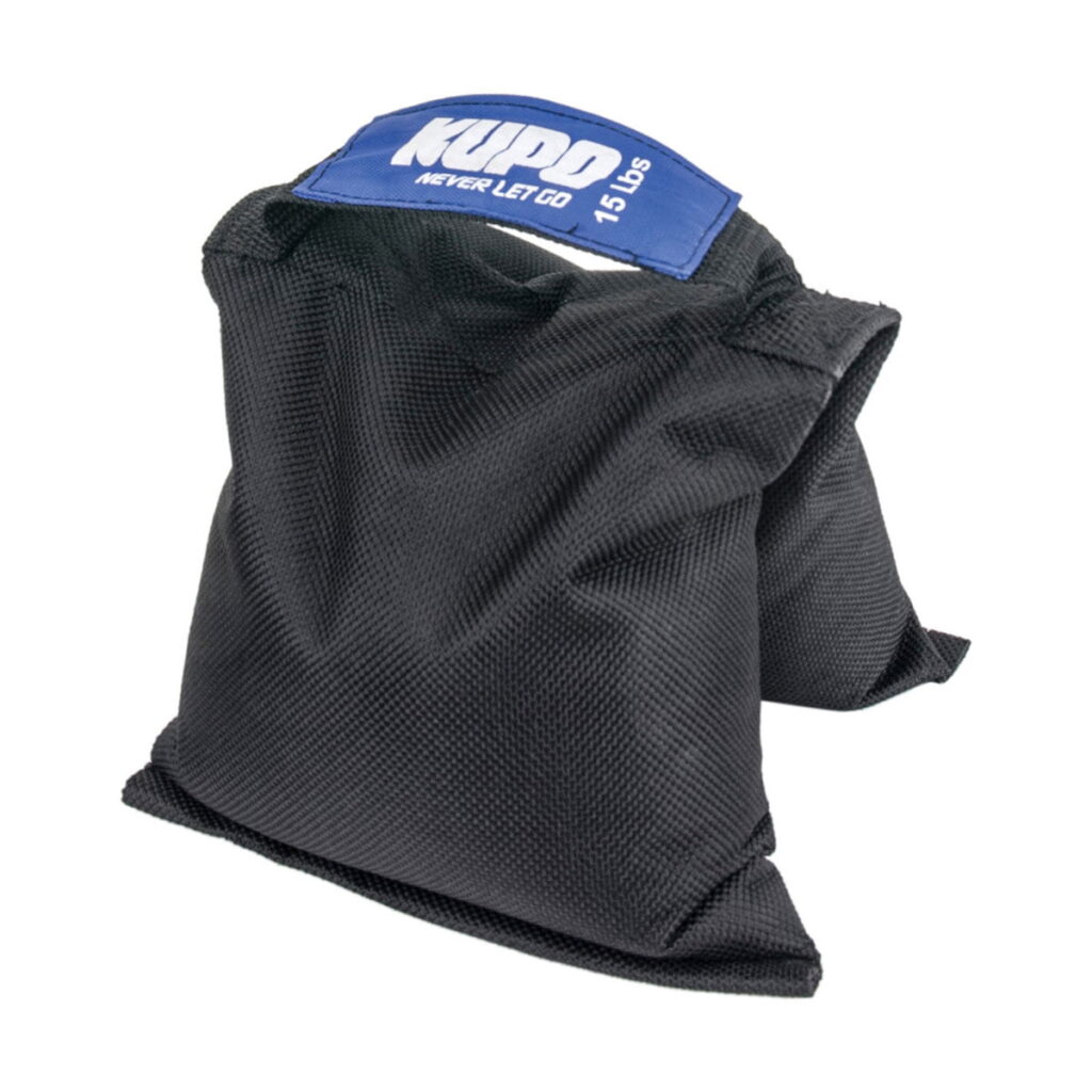 Kupo-KSF-15 The Kupo KSF-15 Shot Bag (6.9 kg) is a black sandbag with a blue handle, ideal for stabilising photographic or film equipment.