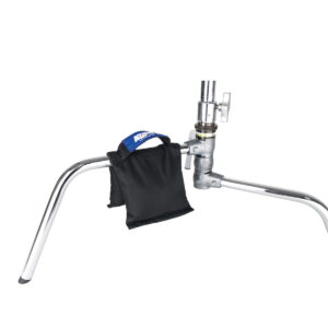 Kupo-KSF-15-2 Chrome-plated C-stand with Kupo KSF-15 Shot Bag (6.9 kg) attached to the stand for stability; the bag has a blue handle with white text and is suspended on one leg of the stand.