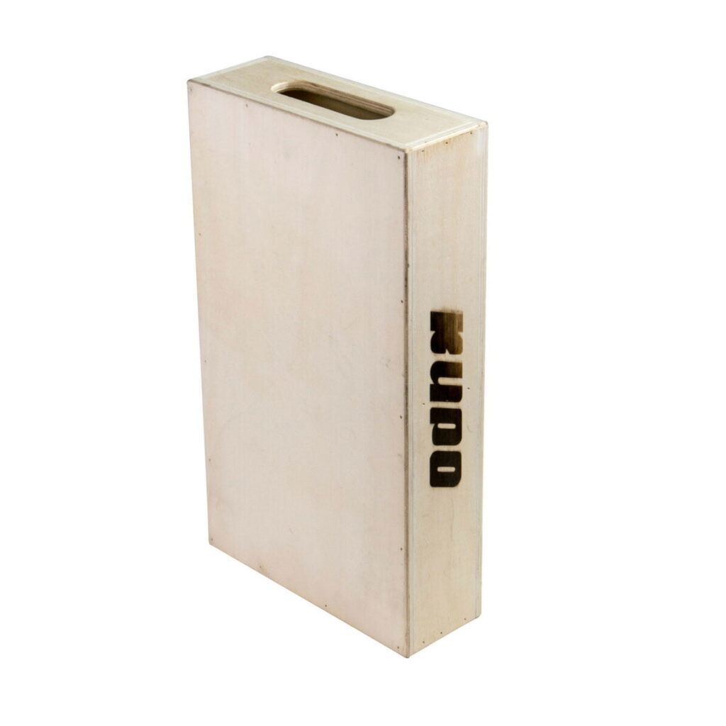 Kupo-apple-box-half-2 Kupo KAB-004 Apple Box - Half is a rectangular wooden box with a cut-out handle at the top and the word "KUPO" on the side, shown upright against a white background.