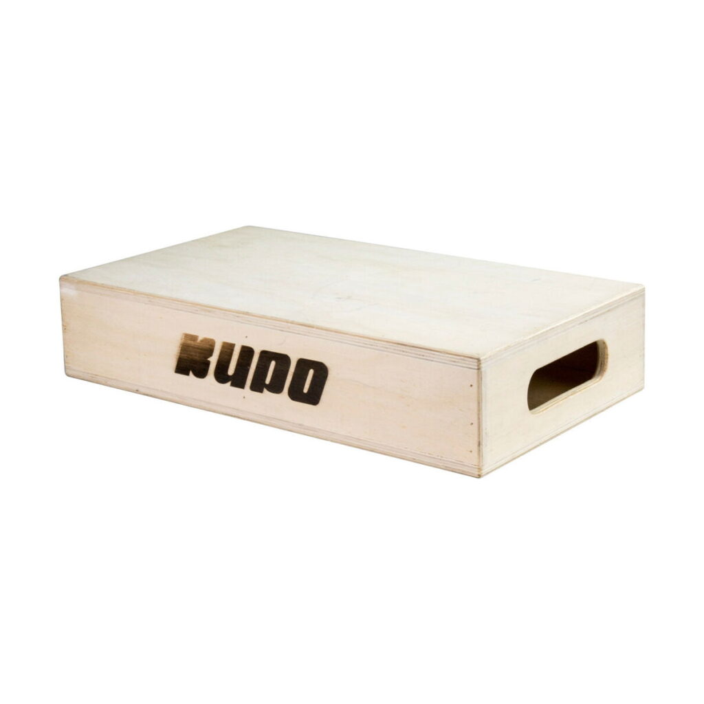Coupo-apple-box-halfl Kupo KAB-004 Apple Box - Half is a rectangular wooden box with rounded edges, cut side handle and "Kupo" printed in black on one side.