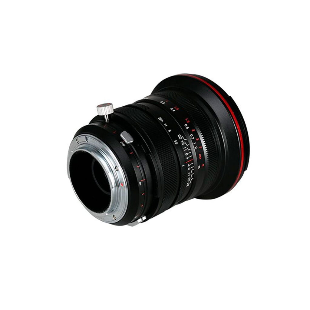 Laowa-20mm-f4-shift-5 Laowa 20mm f/4 Zero-D Shift - Canon EF -objektiivi on musta, ja siinä on punaiset korostukset, hopeinen kiinnitysrengas, tarkennus- ja aukkorenkaat sekä kaiverretut numerot valkoisella pohjalla.