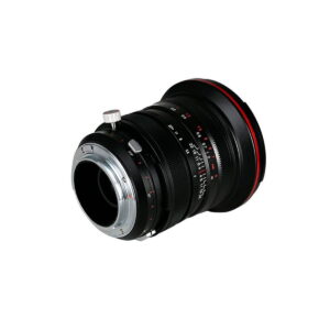 Laowa-20mm-f4-shift-5 Laowa 20mm f/4 Zero-D Shift - Canon EF -objektiivi on musta, ja siinä on punaiset korostukset, hopeinen kiinnitysrengas, tarkennus- ja aukkorenkaat sekä kaiverretut numerot valkoisella pohjalla.