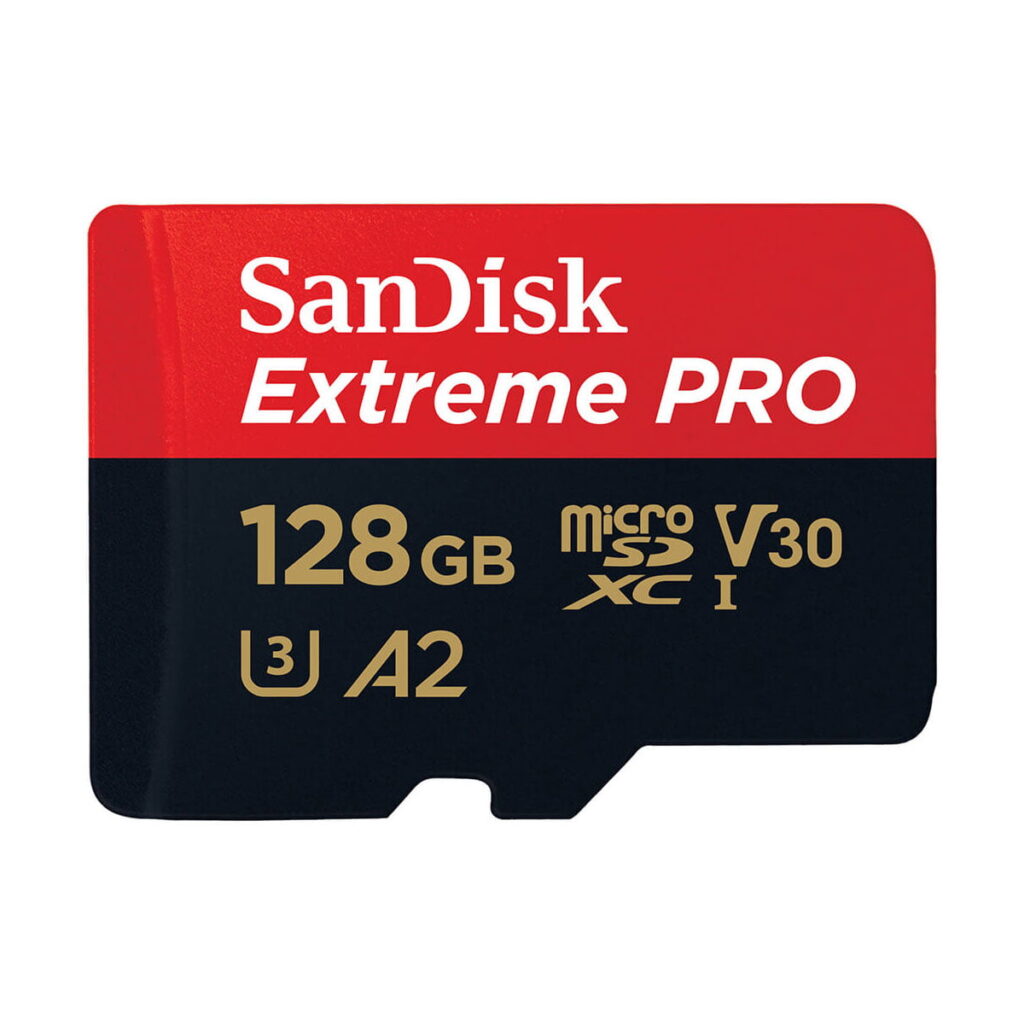 Sandisk-Extreme-Pro-MicroSD-128GB-200MBs Sandisk MicroSDXC 128GB Extreme Pro 200MB/s -muistikortti tarjoaa UHS-I-, V30-, U3- ja A2-luokitukset punaisella ja mustalla muotoilulla sekä kultaisella ja valkoisella tekstillä.