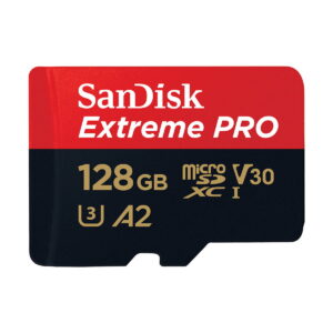 Sandisk-Extreme-Pro-MicroSD-128GB-200MBs Sandisk MicroSDXC 128GB Extreme Pro 200MB/s -muistikortti tarjoaa UHS-I-, V30-, U3- ja A2-luokitukset punaisella ja mustalla muotoilulla sekä kultaisella ja valkoisella tekstillä.