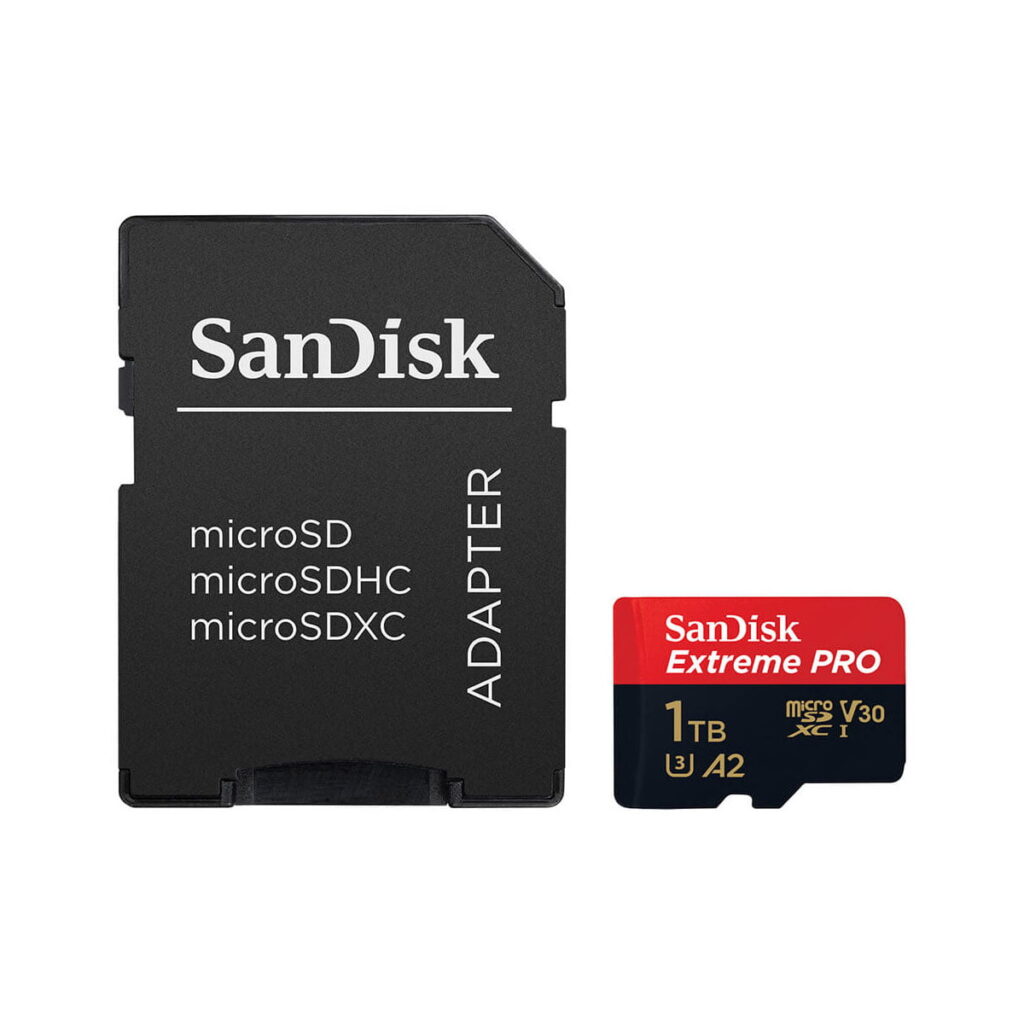 Sandisk-Extreme-Pro-MicroSD-1TB-200MBs-2 Sandisk MicroSD-sovitin näkyy Sandisk MicroSDXC 1TB Extreme Pro 200MB/s -muistikortin vieressä.