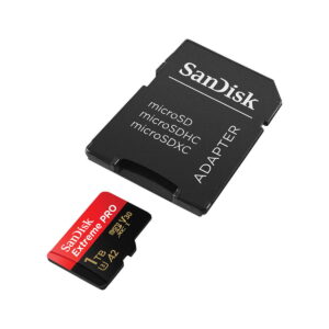 Sandisk-Extreme-Pro-MicroSD-1TB-200MBs-3 Sandisk MicroSDXC 1TB Extreme Pro 200MB/s -muistikortti näkyy mustan SanDisk microSD SD-korttisovittimen vieressä.