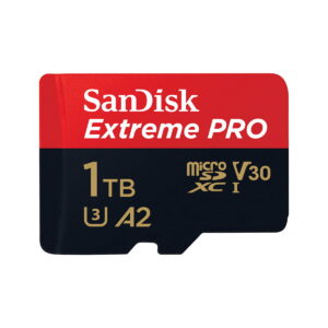 Sandisk-Extreme-Pro-MicroSD-1TB-200MBs Sandisk MicroSDXC 1TB Extreme Pro 200MB/s -muistikortti on varustettu V30, U3 ja A2 nopeusluokituksilla sekä punaisella ja mustalla muotoilulla.
