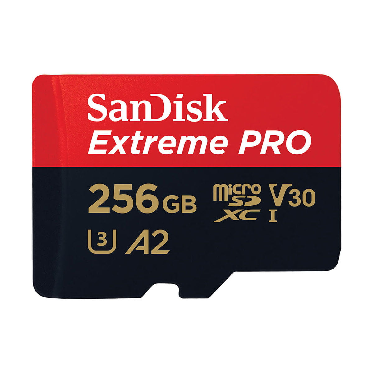 Sandisk MicroSDXC 256GB Extreme Pro 200MB/s -muistikortti, jossa V30-, A2- ja U3-nopeusluokitukset kullanvärisinä punamustalla taustalla.