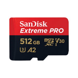 Sandisk-Extreme-Pro-MicroSD-512GB-200MBs Sandisk MicroSDXC 512GB Extreme Pro 200MB/s -muistikortti on punamusta ja musta muistikortti, jossa on kultainen teksti, jossa näkyy V30-, A2- ja U3-tiedot.