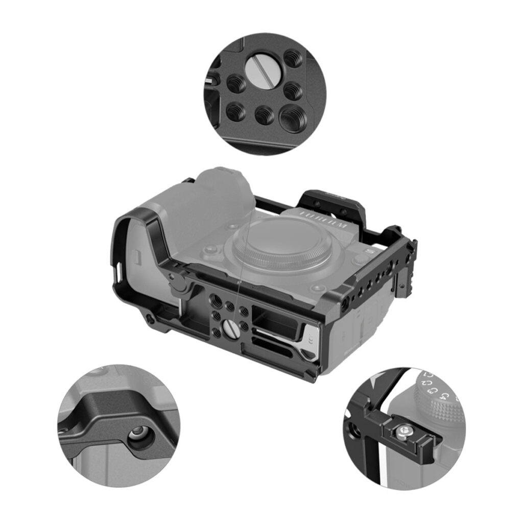 Smallrig-3934-3 SmallRig 3934 Cage for Fujifilm X-H2S -malliin on esitetty kolmella lähikuvalla, joissa korostuvat ruuvikiinnikkeet, kiinnityspisteet ja kameran säätöpyörän alue. Fujifilm X-H2S -kamera näkyy osittain häkin sisällä.