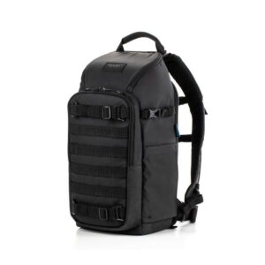 Tenba-axis V2-16L The Tenba Axis V2 16L Backpack is a black tactical-style backpack with multiple external straps, buckles and padded shoulder straps, shown vertically on a white background.