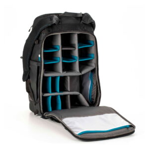 Tenba-axis V2-32L-2 The Tenba Axis V2 32L Backpack is a black backpack with an open main compartment with customizable padded dividers for organizing camera gear or electronics and a mesh pocket inside the front flap.