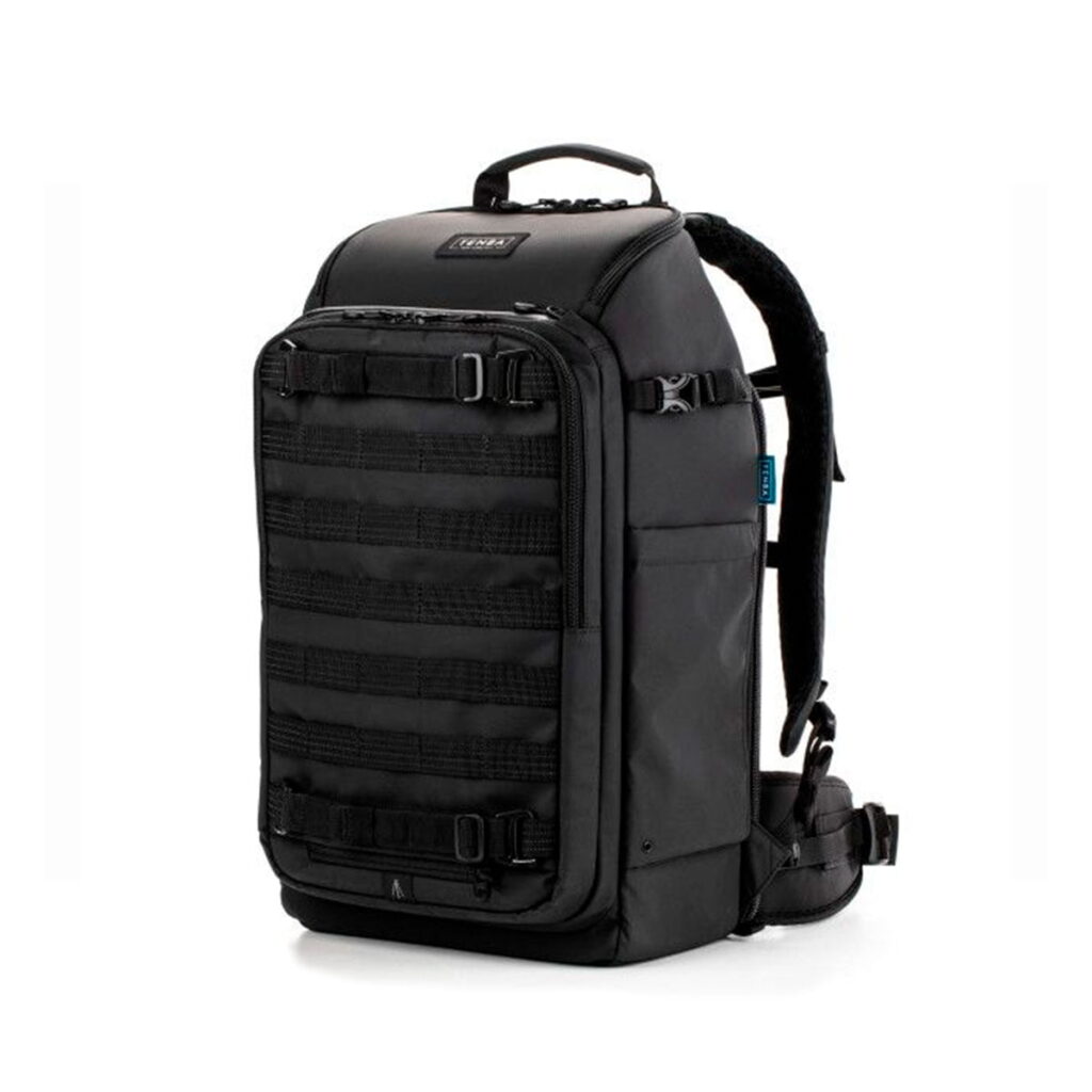 Tenta-axis V2 The Tenba Axis V2 24L Backpack is a black tactical-style backpack with top handle, padded shoulder straps, MOLLE mesh front, side pockets and multiple compartments, shown vertically on a white background.