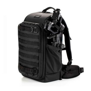 Tenta-axis V2-2 The Tenba Axis V2 24L Backpack is a black camera backpack with padded shoulder straps, side and front pockets and external straps. The picture shows the camera flash in one of the side pockets against a white background.