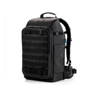 The Tenba Axis V2 24L Backpack is a black tactical-style backpack with top handle, padded shoulder straps, MOLLE mesh front, side pockets and multiple compartments, shown vertically on a white background.