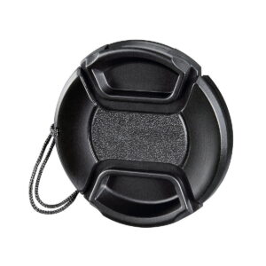 The Hama Lens Cover 82mm is a black lens cover with a textured central part, two compression handles and an attached cord with a white background.