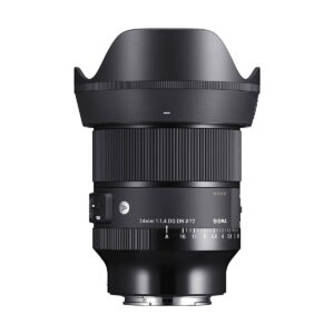 Sigma_24mm_1_4_DG_DN_Art_001 Sigma 24mm f/1.4 DG DN Art lens, Sony E, with black body, petal-shaped hood and visible focus and aperture rings, shot vertically against a white background.