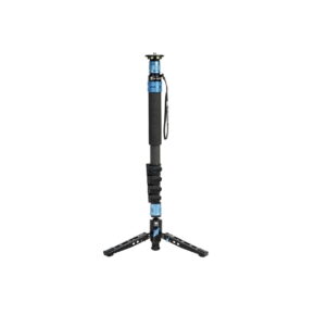 Sirui_P-325FL_001 Sirui Monopod P-325FL carbon fibre monopod, black and blue, with foam handle, wrist strap and foldable tripod stand, stands upright on a white base.