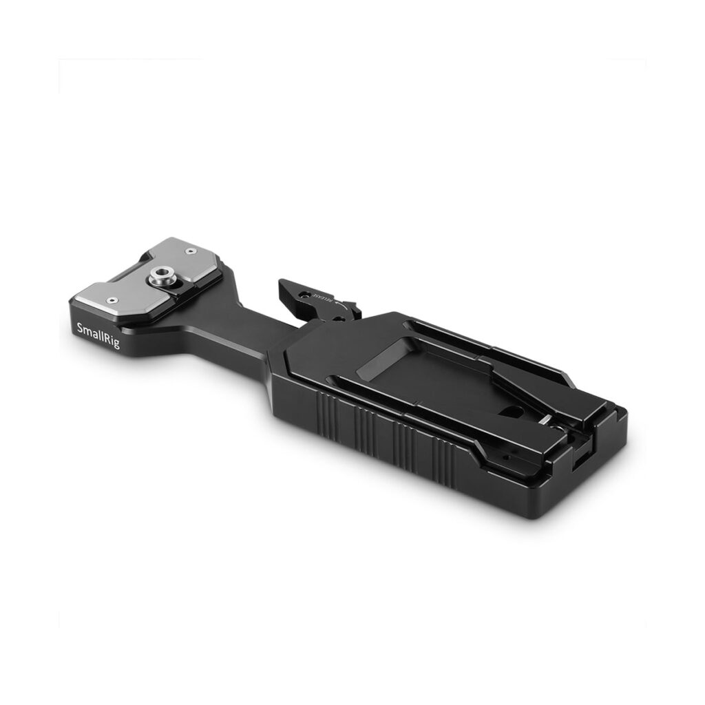 SmallRig_VCT-14_Quick_Release_Tripod_Plate_2169_001 SmallRig 2169 VCT-14 Quick Release Tripod Plate, musta metallinen kameran lisävaruste, jossa on kiinnitysteline ja lukitusmekanismi, on kuvattu valkoisella pohjalla.