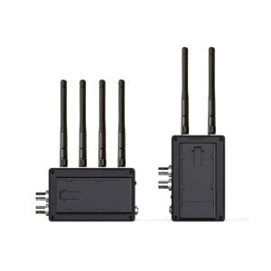 Swit_Flow2000_Tx_Rx_Wireless_SDI_HDMI_Kit_003 The Swit Flow2000 Tx+Rx Wireless SDI/HDMI Kit includes two black units, each with four high antennas and multiple side ports, shown front and side against a white background.