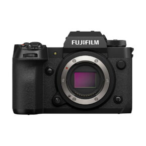 Fujifilm_X-H2_001 A Fujifilm X-H2 -järjestelmäkamera runko, jossa näkyvä kenno ja ei objektiivia, esillä valkoisella taustalla.