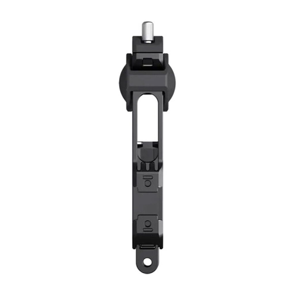 Insta360_X3_Utility_Frame_003 Insta360 X3 Utility Frame on musta muovista ja metallista valmistettu salpamekanismi, jossa on suorakulmainen kehys, ylhäältä liukuva salpa ja kaksi keskipainiketta, kuvattuna ylhäältä päin valkoisella pohjalla.