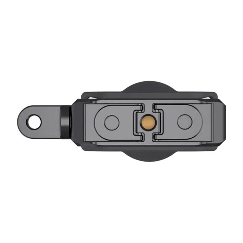 Insta360_X3_Utility_Frame_004 Mustan ja harmaan Insta360 X3 Utility -kehyksen ylhäältä katsottuna keskellä oleva pyöreä elementti, symmetrinen muotoilu, reikä vasemmassa päässä ja pieni kullanvärinen ympyrä keskellä.